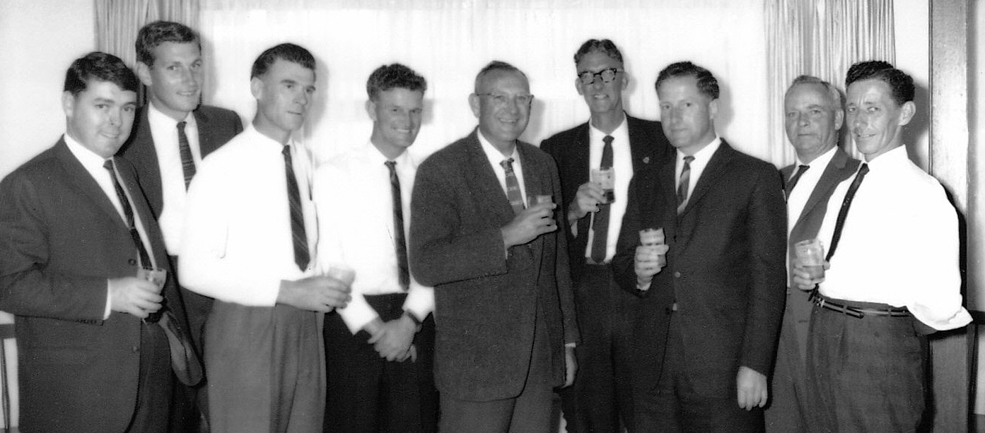 Committee for the Cowra Japanese War Cemetery
Comprising representatives of Cowra and Waugoola Councils and the Cemetery Trust
Image #7449 from The Pardey Collection - Cowra Family History Group
Left to Right: Unknown; Unknown; Ken Medaris; Norm Wade; Ray Rocavert;
Mr McPherson (Engineer); Ab Oliver; Bill Bryant and Ray Parks