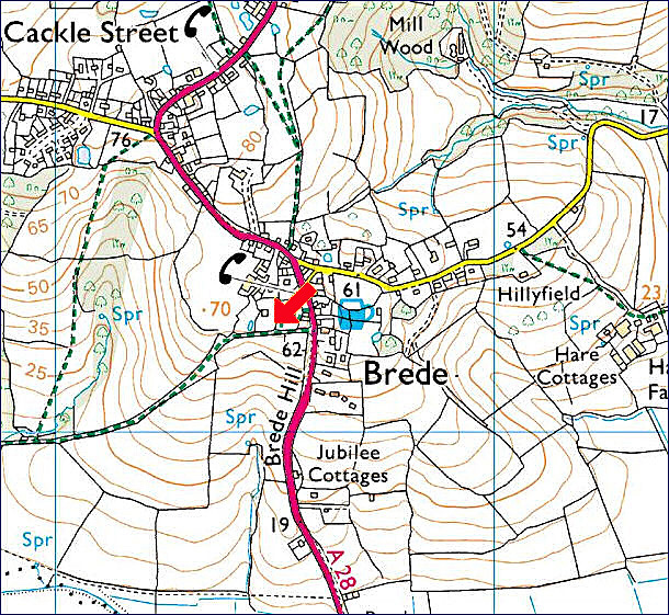 The Village of Brede, in East Sussex
The Church of St George (Arrow) is on the east of
the A28 Main Road near the centre of this map.